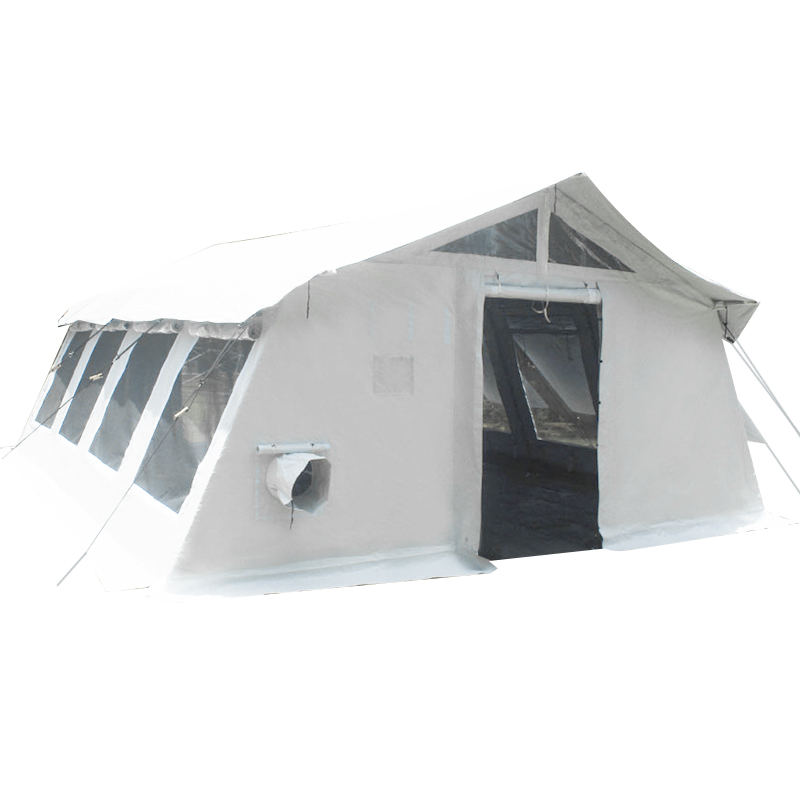 Tenda hub multiuso standard UNICEF da 42 m² con copertura parasole integrata/rimovibile