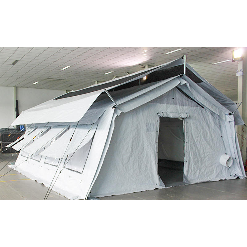 Tenda hub multiuso standard UNICEF da 42 m² con copertura parasole integrata/rimovibile