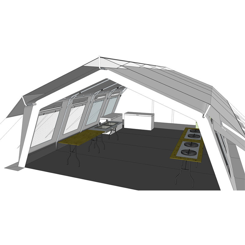 Tenda hub multiuso standard UNICEF da 42 m² con copertura parasole integrata/rimovibile