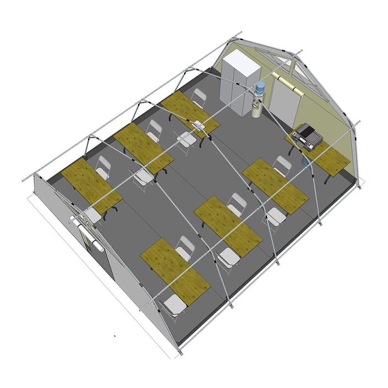 Tenda hub multiuso standard UNICEF da 42 m² con copertura parasole integrata/rimovibile