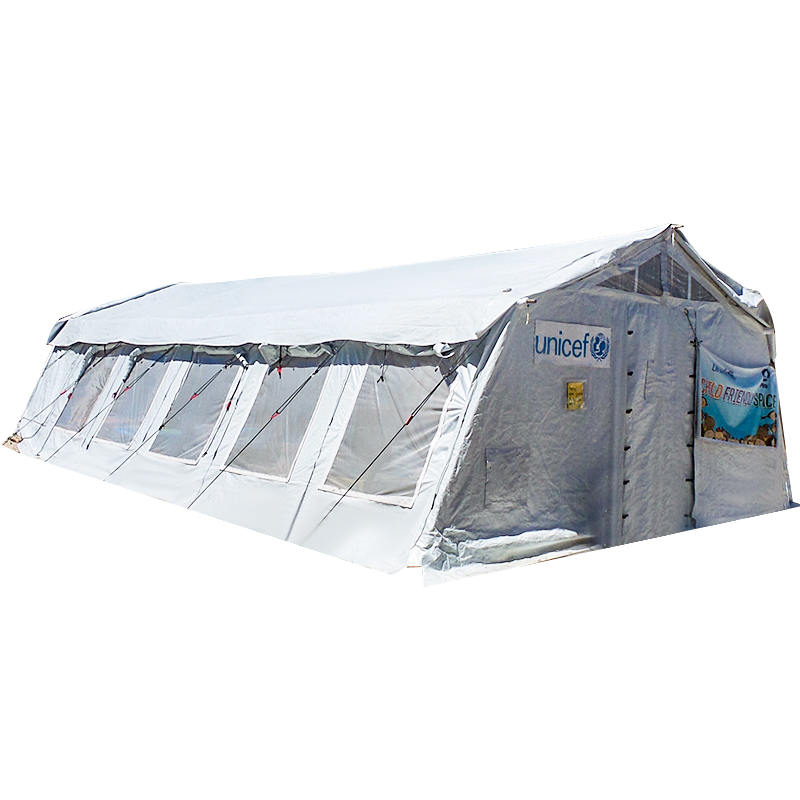 Tenda hub multiuso standard UNICEF da 72 m² utilizzata per magazzino, ospedale, dispensario, scuola, ufficio